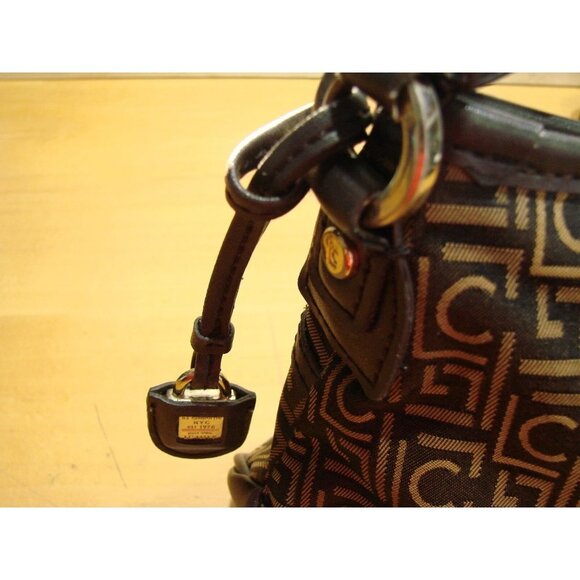 Liz Claiborne Monogram Crossbody Shoulder Bag Dark Brown Gold Adjustable Straps - Picture 6 of 12